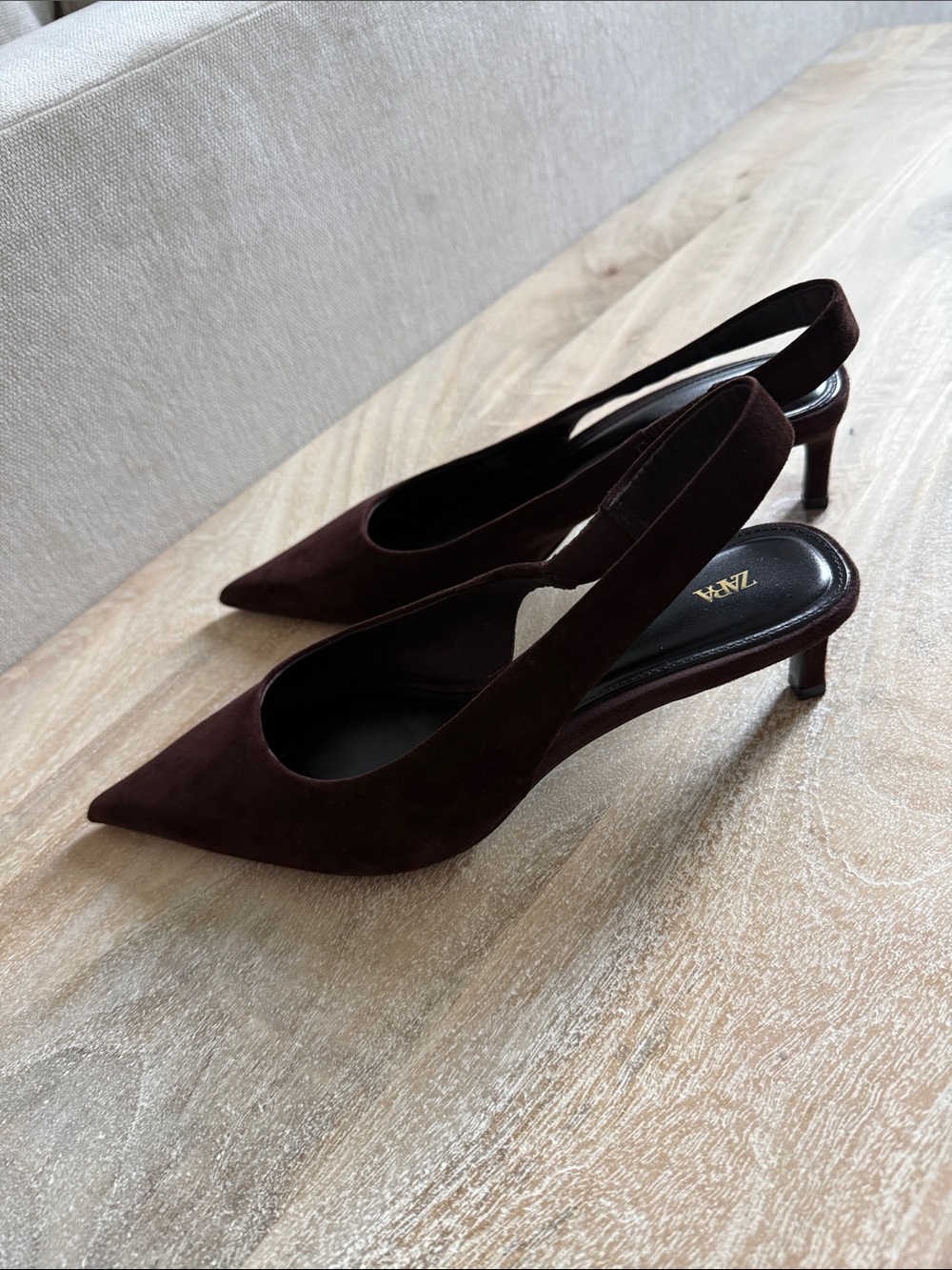 ZARA Dark Brown Suede Pointed Slingback Heels - Picture 4 of 4